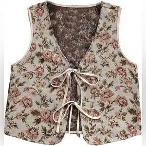 Floral Knit Vest with Tie Front Vintage Style Grandma Floral Cottagecore Boho